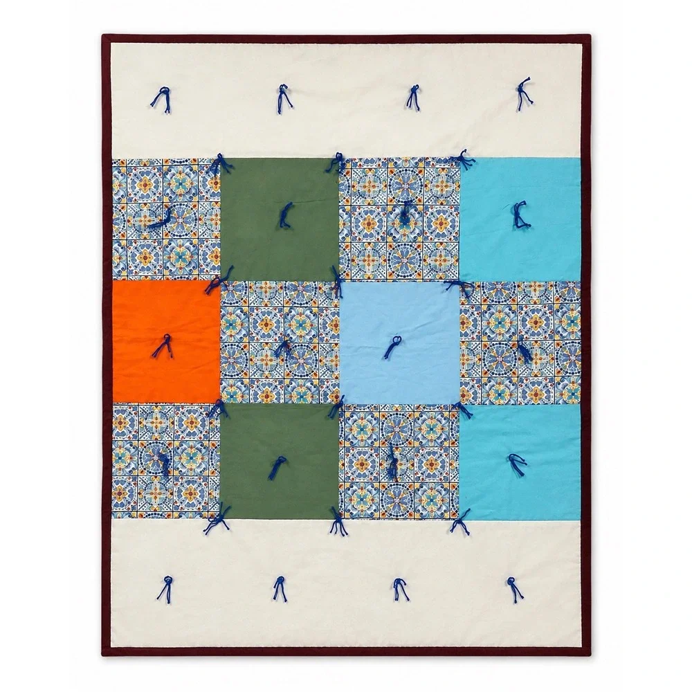 Handmade Patchwork Tied Quilt Mediterranean Tile Print Multi Color Throw Blanket
